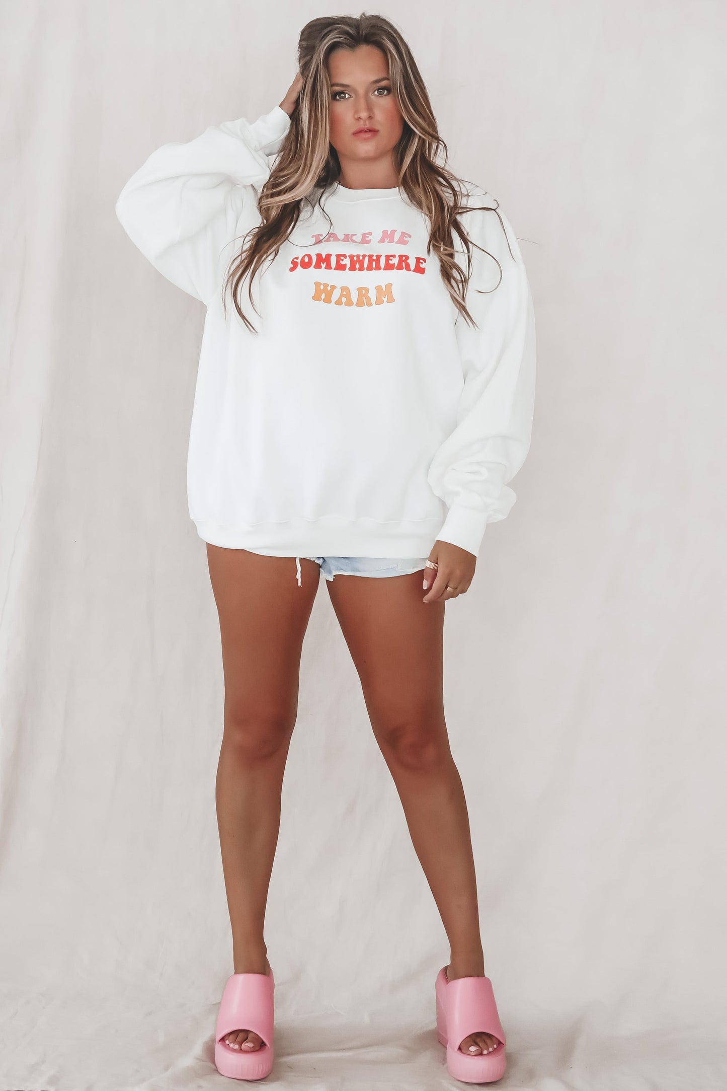 FRIDAY + SATURDAY Take Me Somewhere Warm Pullover